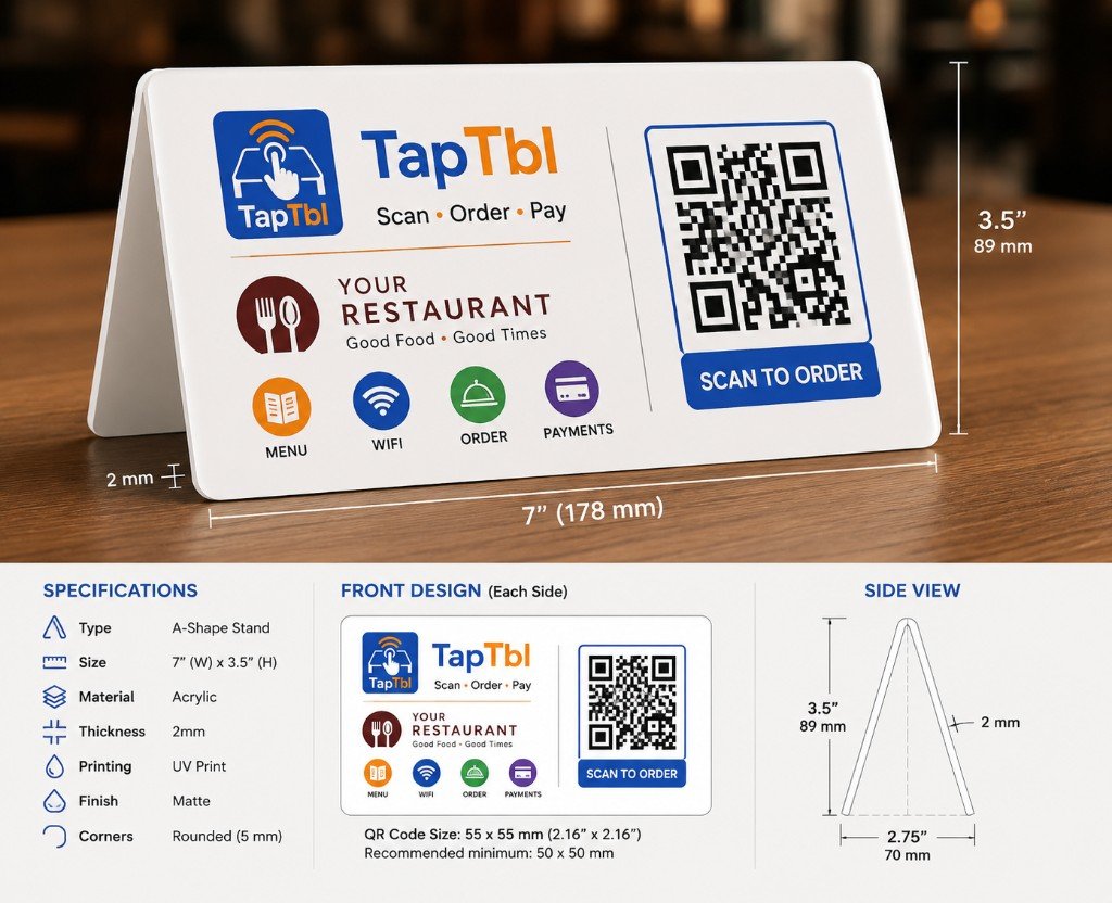 TapTbl V-shape table stand specification sheet showing 6x3 and 7x3.5 dimensions, acrylic material, and QR code size